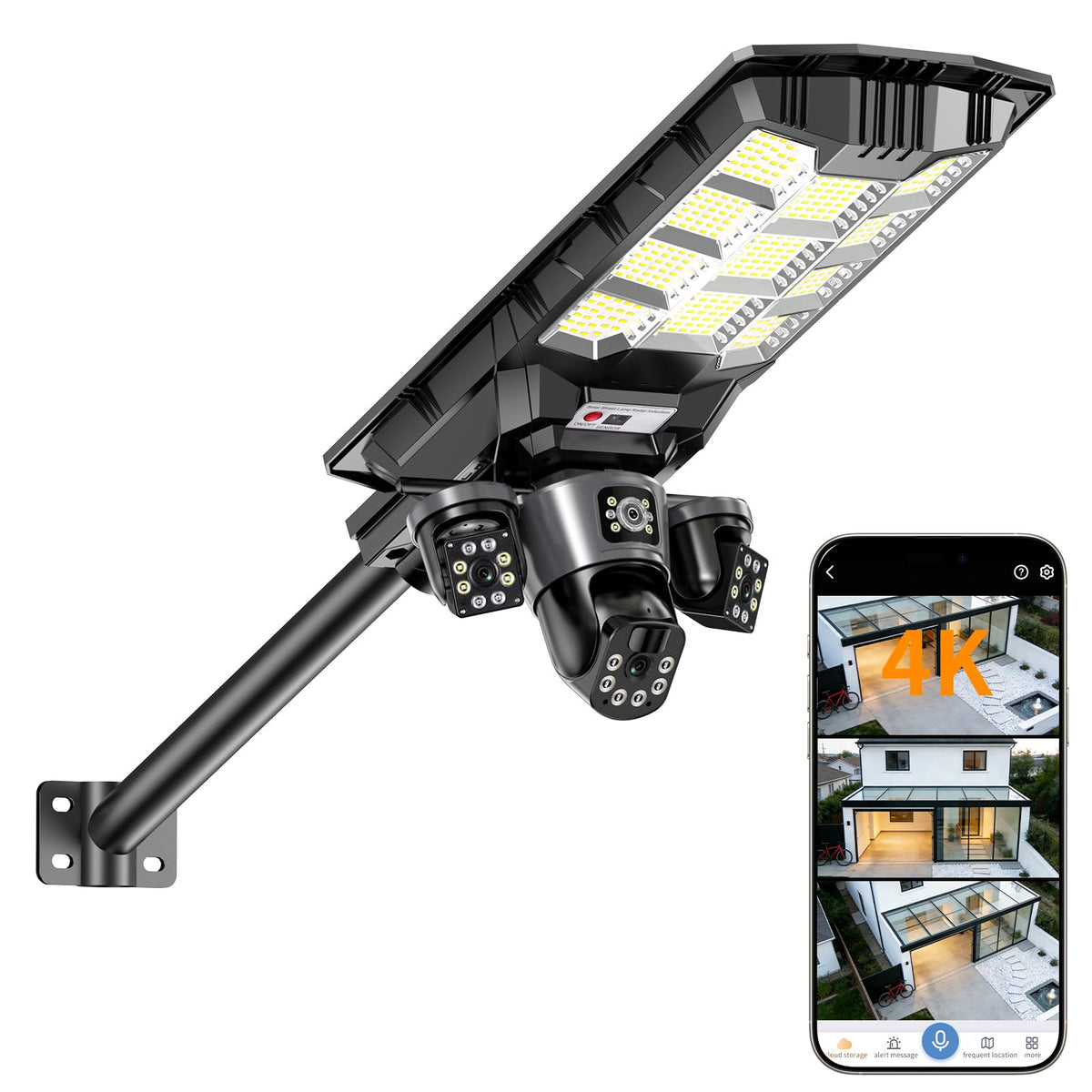 Solar Security Camera Light – 3-Camera 360° PTZ System, Color Night Vision, Two-Way Audio, IP66