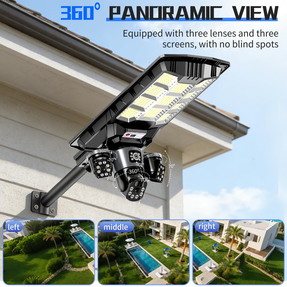 Solar Security Camera Light – 3-Camera 360° PTZ System, Color Night Vision, Two-Way Audio, IP66