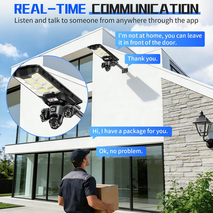 Solar Security Camera Light – 3-Camera 360° PTZ System, Color Night Vision, Two-Way Audio, IP66