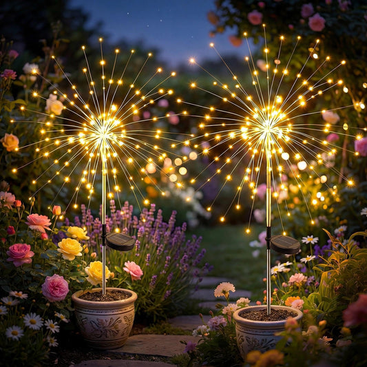 2 Pack Solar Garden Firework Lights – 105 LED Warm White / Multi, 8 Modes, Twinkling & Steady, IP65