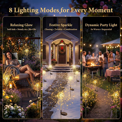 2 Pack Solar Garden Firework Lights – 105 LED Warm White / Multi, 8 Modes, Twinkling & Steady, IP65
