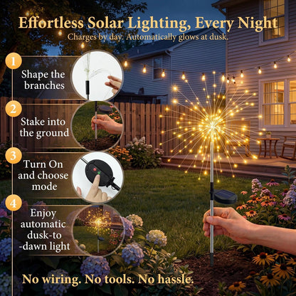 2 Pack Solar Garden Firework Lights – 105 LED Warm White / Multi, 8 Modes, Twinkling & Steady, IP65