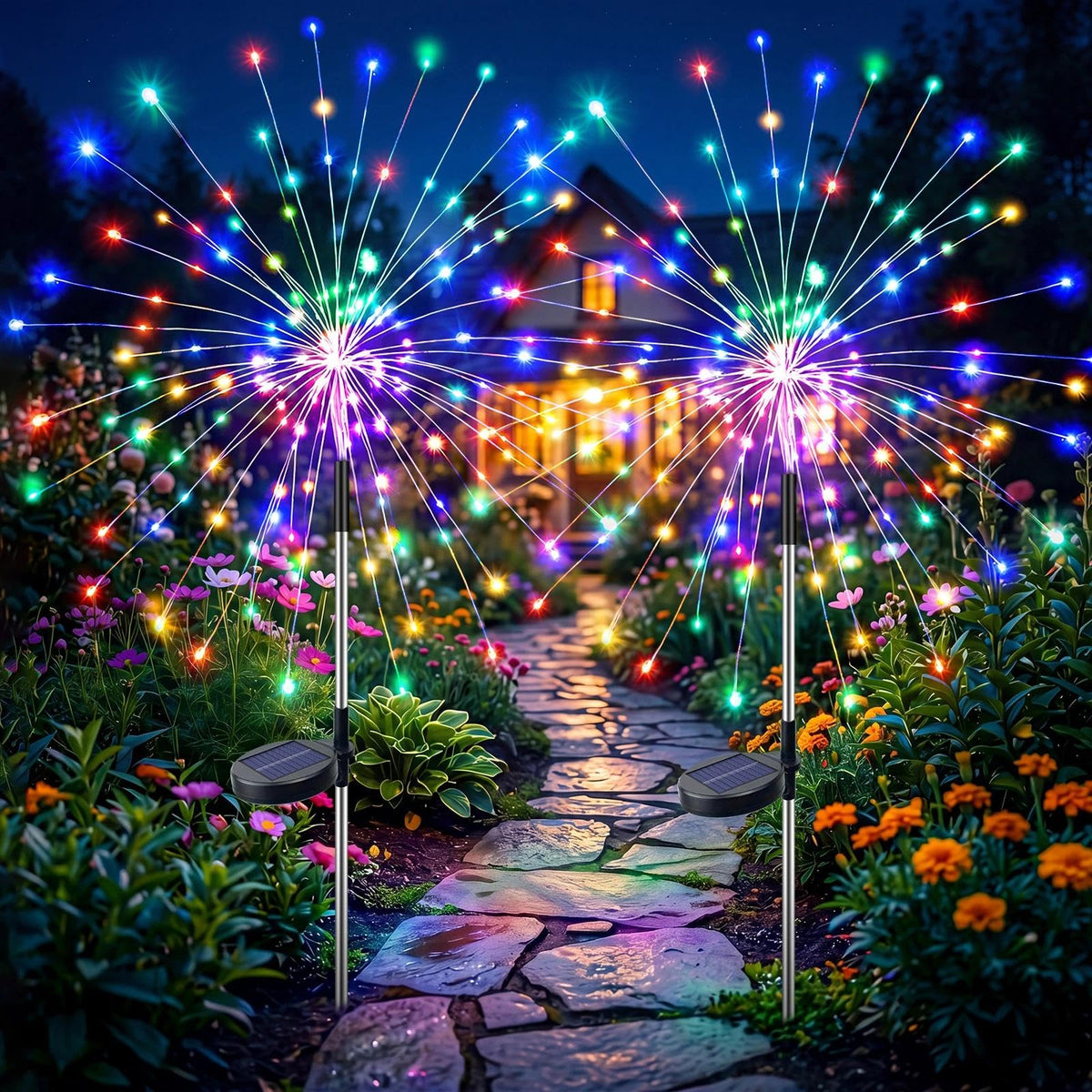 2 Pack Solar Garden Firework Lights – 105 LED Warm White / Multi, 8 Modes, Twinkling & Steady, IP65