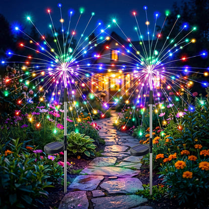 2 Pack Solar Garden Firework Lights – 105 LED Warm White / Multi, 8 Modes, Twinkling & Steady, IP65