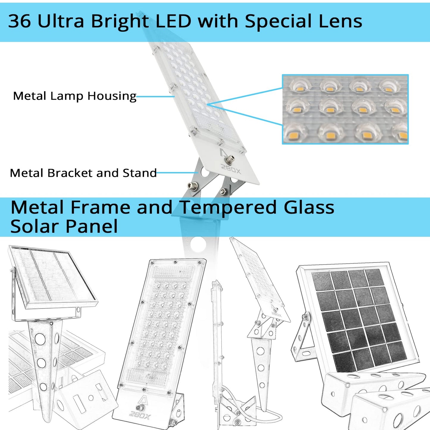 280W Solar Metal Flood Light And Spotlight,36LED 16ft Cable Waterproof Outdoor Landscape Sign 2000 Lumen Auto On/Off Dust to Dawn