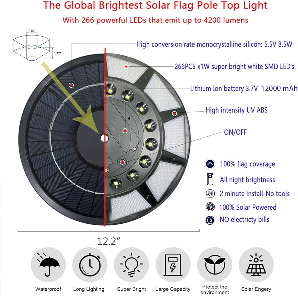 Commercial Solar Flag Pole Light Outdoor Dusk to Dawn, 266 led Light, 4200lm Super Bright