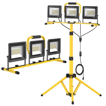 210W Upgraded Plug-In LED Work Lights with Stand, 21000 Lumen, 3-Head Adjustable Work Light, Waterproof Foldable Tripod, Extended Cord