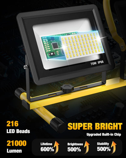 210W Upgraded Plug-In LED Work Lights with Stand, 21000 Lumen, 3-Head Adjustable Work Light, Waterproof Foldable Tripod, Extended Cord