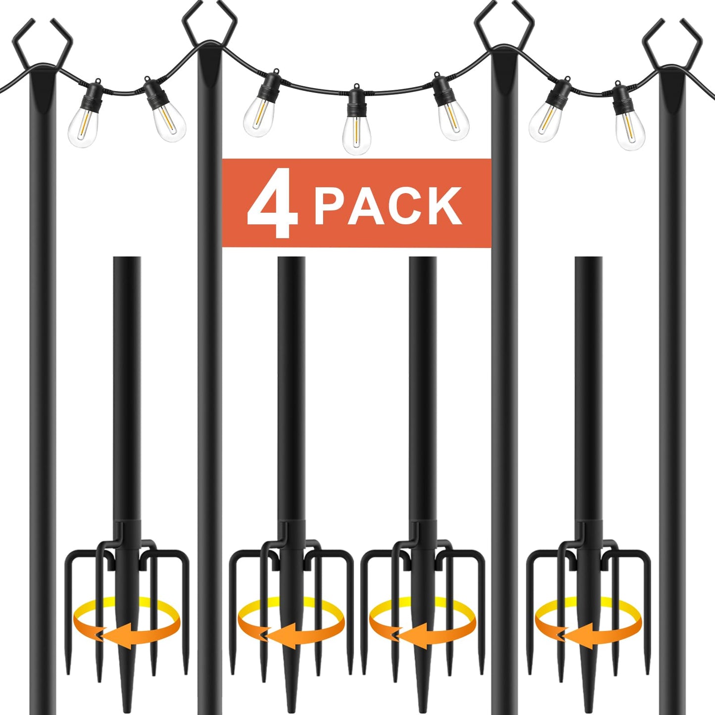 10Ft String Light Poles 4 Pack,Light Poles for Outside Lights,Outdoor with Fence Brackets Hanging Lights,Metal Stand