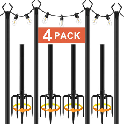 10Ft String Light Poles 4 Pack,Light Poles for Outside Lights,Outdoor with Fence Brackets Hanging Lights,Metal Stand