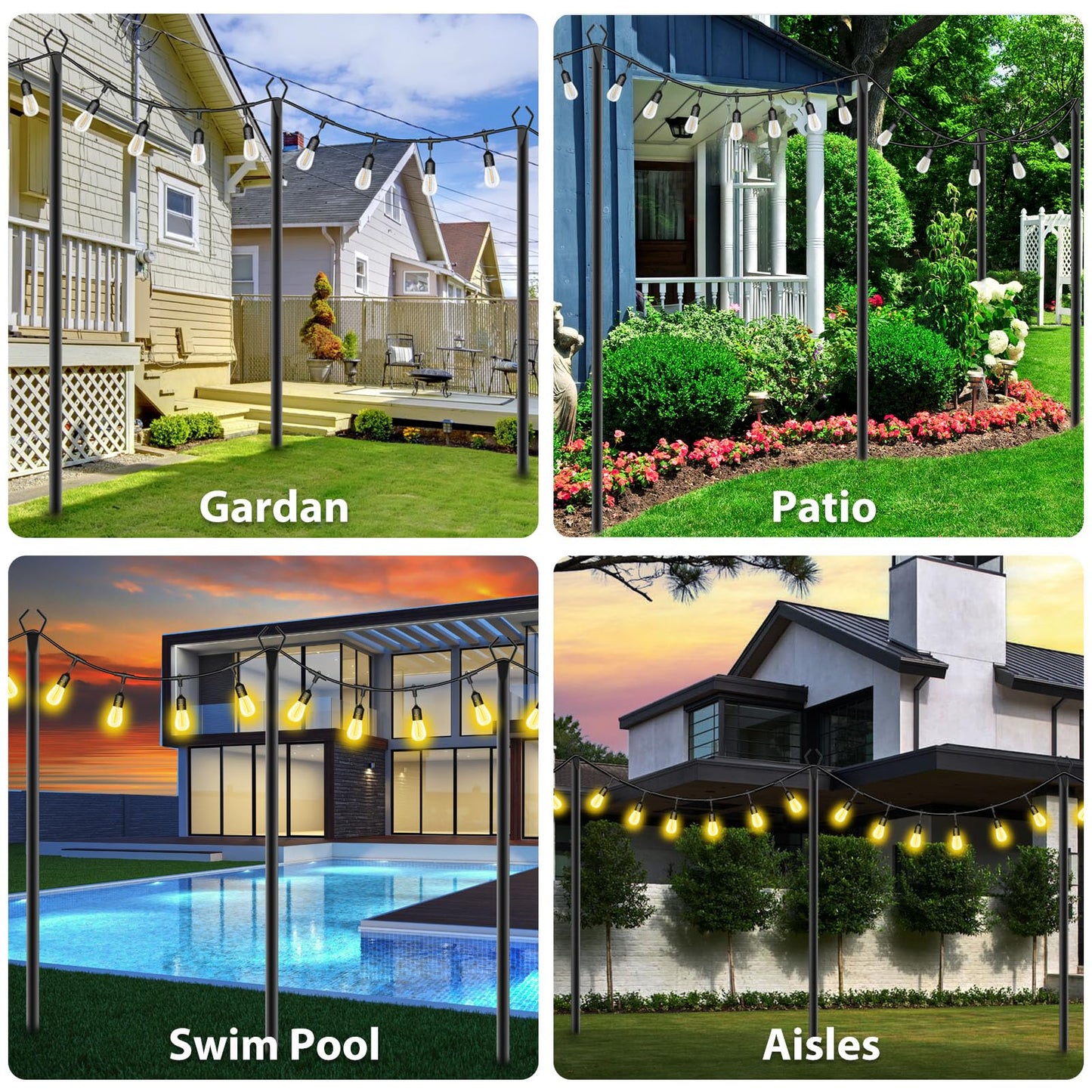 10Ft String Light Poles 4 Pack,Light Poles for Outside Lights,Outdoor with Fence Brackets Hanging Lights,Metal Stand