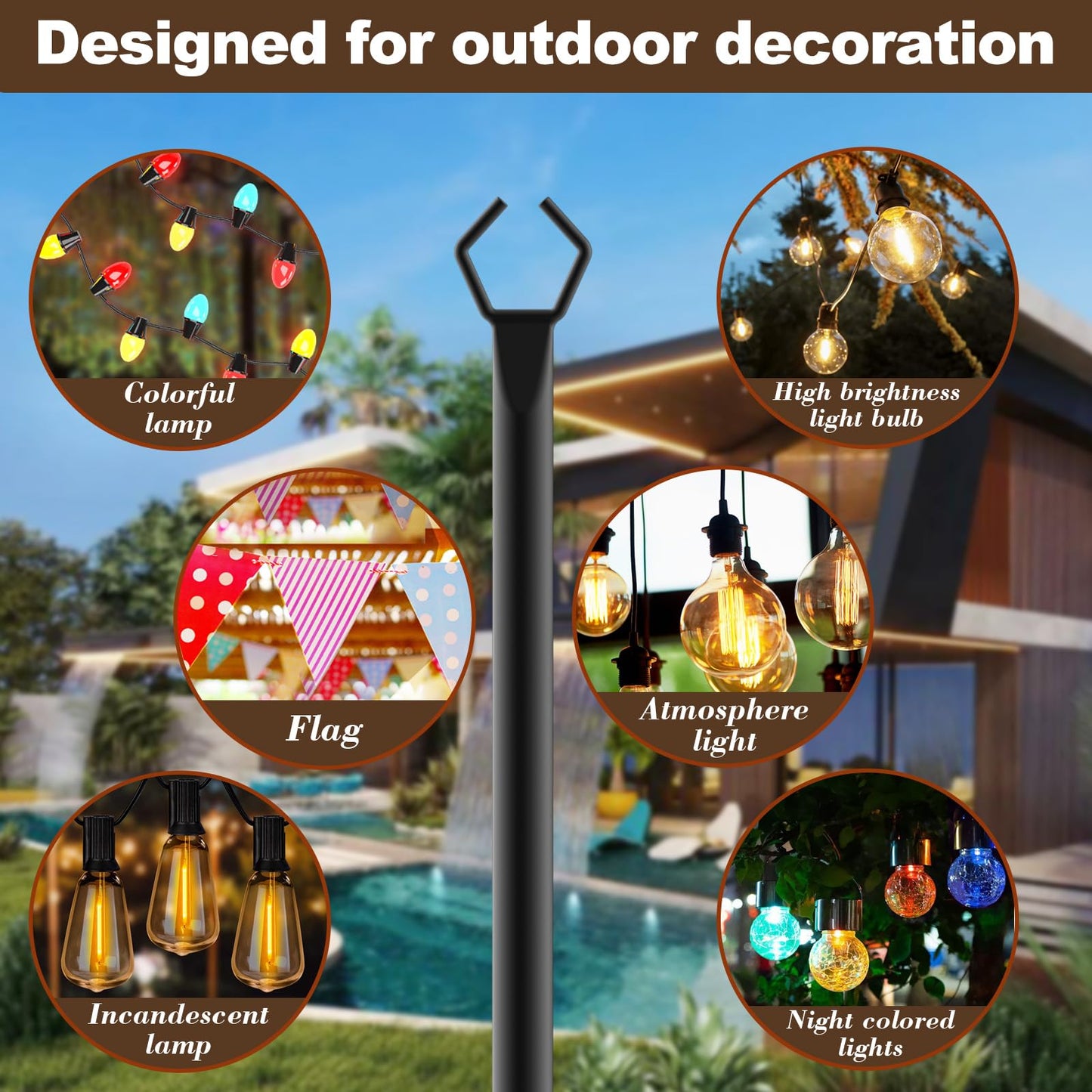 10Ft String Light Poles 4 Pack,Light Poles for Outside Lights,Outdoor with Fence Brackets Hanging Lights,Metal Stand