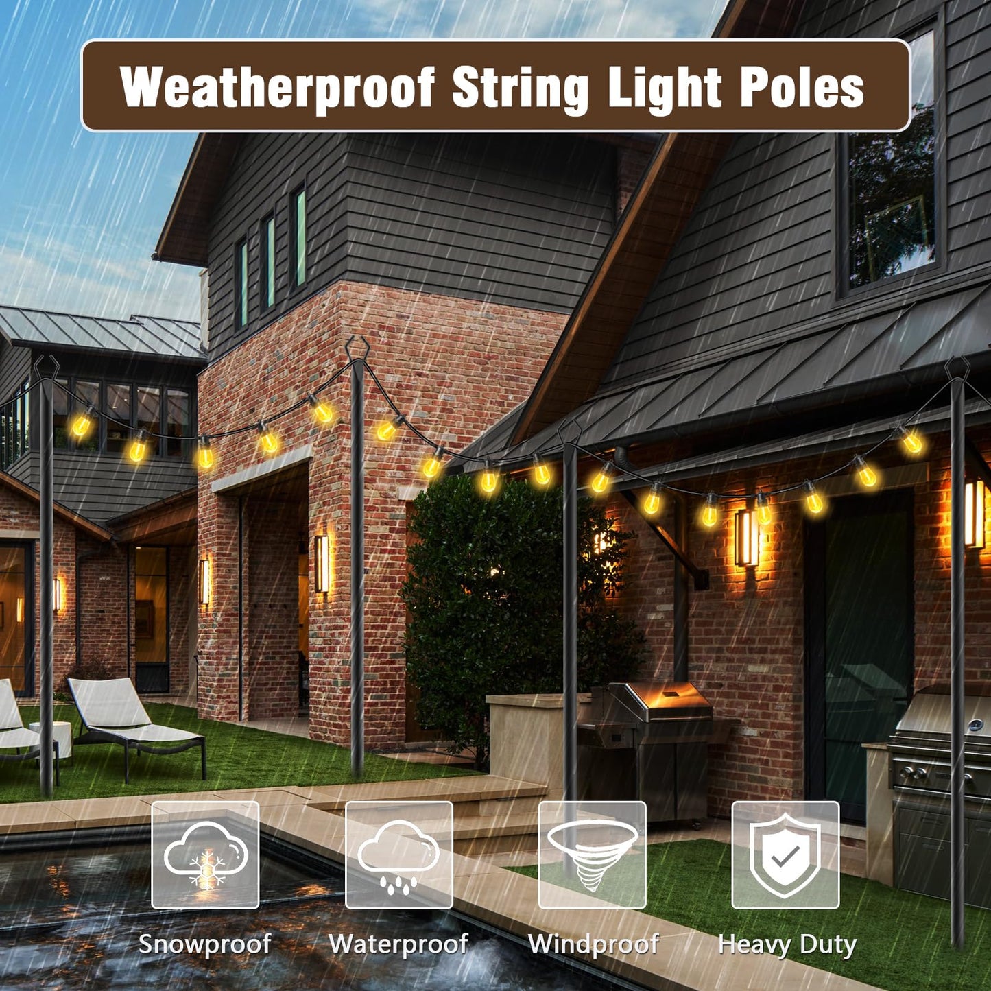 10Ft String Light Poles 4 Pack,Light Poles for Outside Lights,Outdoor with Fence Brackets Hanging Lights,Metal Stand