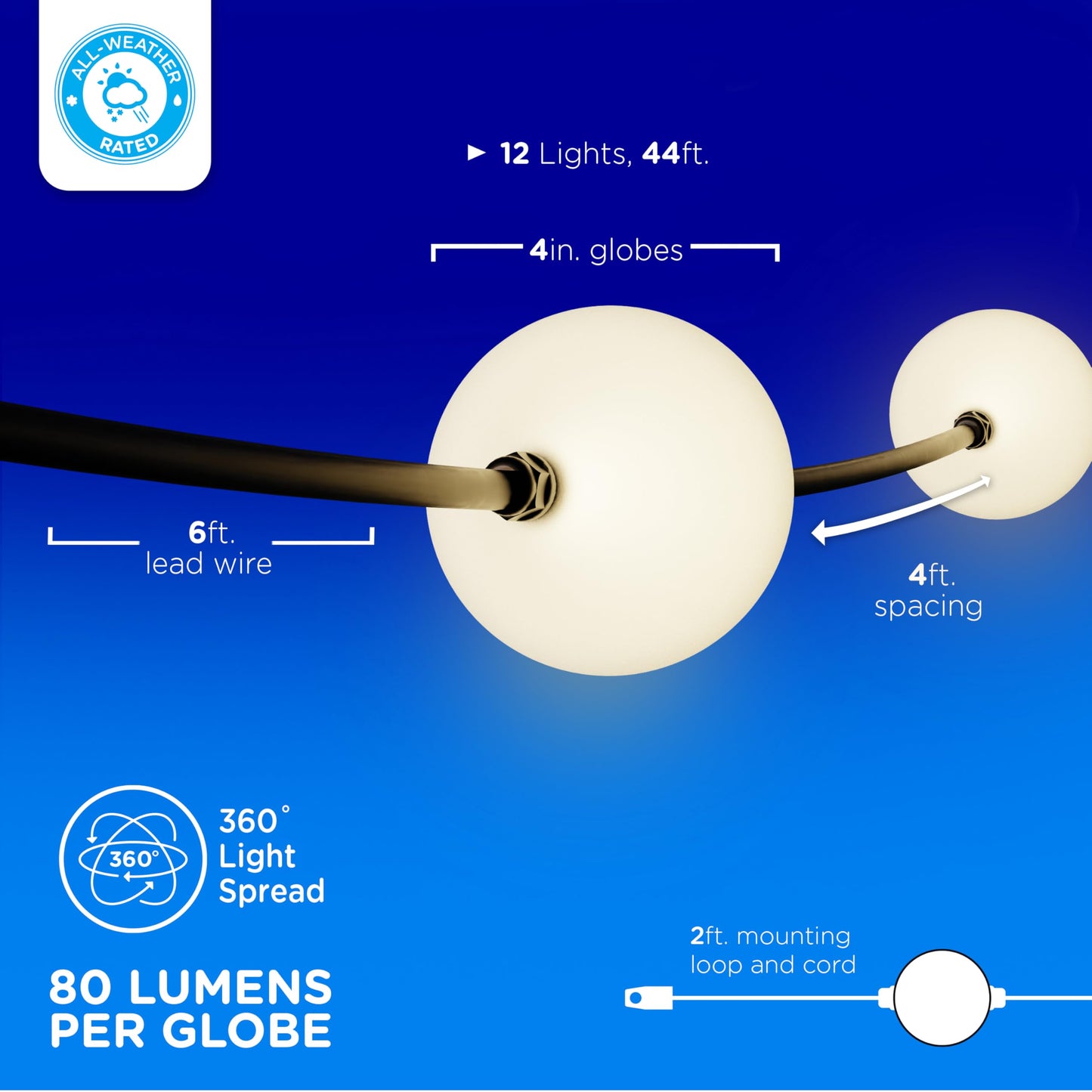 30FT Plug-In LED Strung Light 10 Large 4in Round Bulbs, 2500K Warm White LED G100 Waterproof