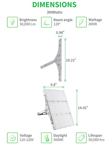 300W LED Flood Light, Hard Wired 24000LM Stadium Lights, 6000K Daylight White, 1500W Halogen Equivalent, IP66 Waterproof