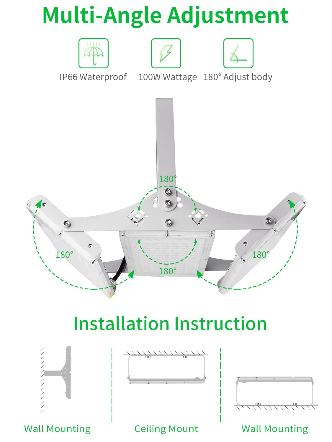 300W LED Flood Light, Hard Wired 24000LM Stadium Lights, 6000K Daylight White, 1500W Halogen Equivalent, IP66 Waterproof