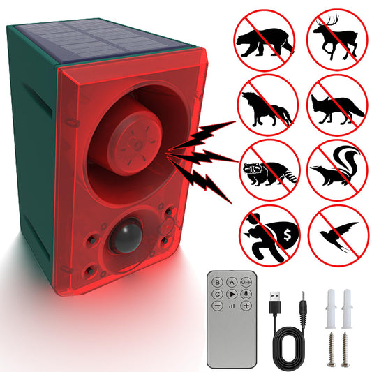 Solar Motion Sensor Alarm Outdoor - Dog Barking & Gunshot Sound, Support Recording & Adjustable Volume, 130db Loud Motion Detector Alarm with Strobe Light, Scare Away Coyote, Deer, Bear, Raccoon