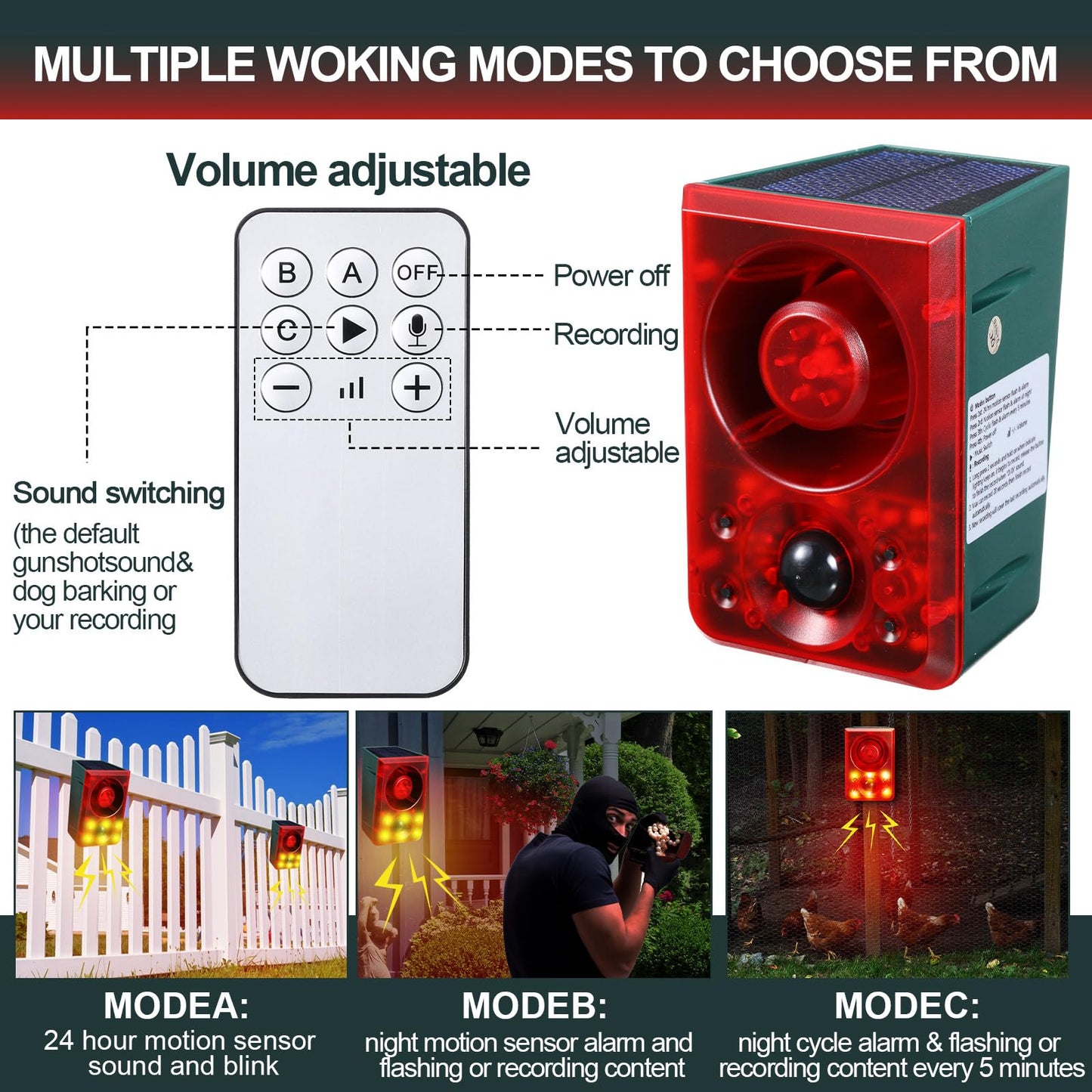 Solar Motion Sensor Alarm Outdoor - Dog Barking & Gunshot Sound, Support Recording & Adjustable Volume, 130db Loud Motion Detector Alarm with Strobe Light, Scare Away Coyote, Deer, Bear, Raccoon