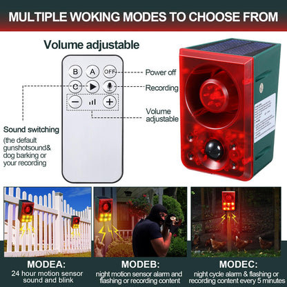 Solar Motion Sensor Alarm Outdoor - Dog Barking & Gunshot Sound, Support Recording & Adjustable Volume, 130db Loud Motion Detector Alarm with Strobe Light, Scare Away Coyote, Deer, Bear, Raccoon