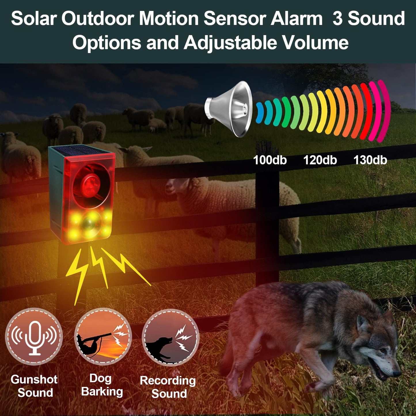 Solar Motion Sensor Alarm Outdoor - Dog Barking & Gunshot Sound, Support Recording & Adjustable Volume, 130db Loud Motion Detector Alarm with Strobe Light, Scare Away Coyote, Deer, Bear, Raccoon