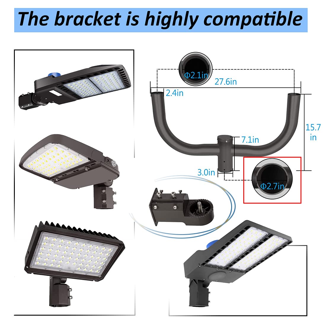 Double Bullhorn Bracket LED Parking Lot Light 180 Degree Aluminum Mounting Bracket Round Pole Double L Bracket Tenons