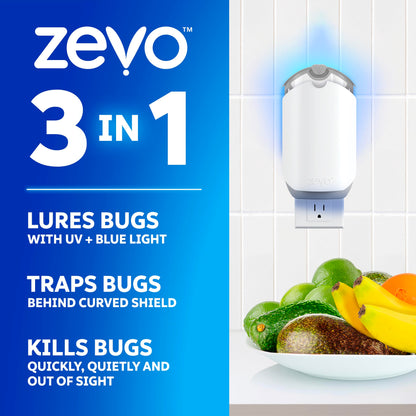 Zevo 2 Flying Insect Traps & 2 Refill Cartridges - Plug in Fly Trap & Indoor Bug Catcher for Gnats, House & Fruit Flies - Blue & UV Light Technology, Mess-Free Alternative to Bug Zapper