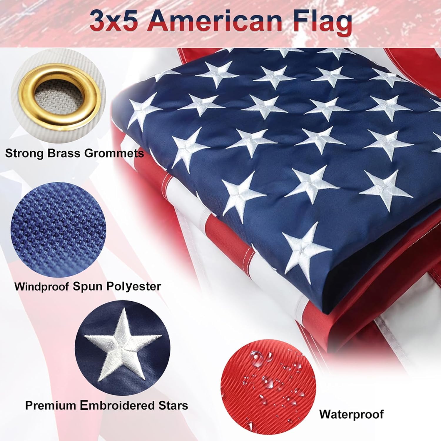 American Flag with Pole for Outside House - 5ft Wall Mount Flag Pole Kit with 3x5 Embroidered US Flag, Stainless Steel Flagpole, Tangle-Free Ball Bearing Rings, Aluminum Holder Bracket - Outdoor Solar Outlet
