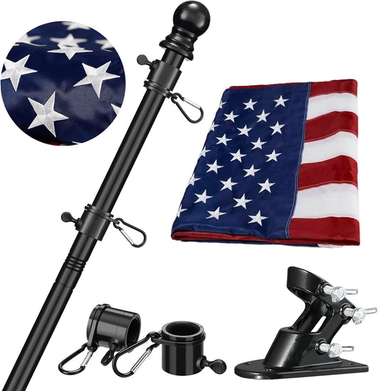 American Flag with Pole for Outside House - 5ft Wall Mount Flag Pole Kit with 3x5 Embroidered US Flag, Stainless Steel Flagpole, Tangle-Free Ball Bearing Rings, Aluminum Holder Bracket - Outdoor Solar Outlet