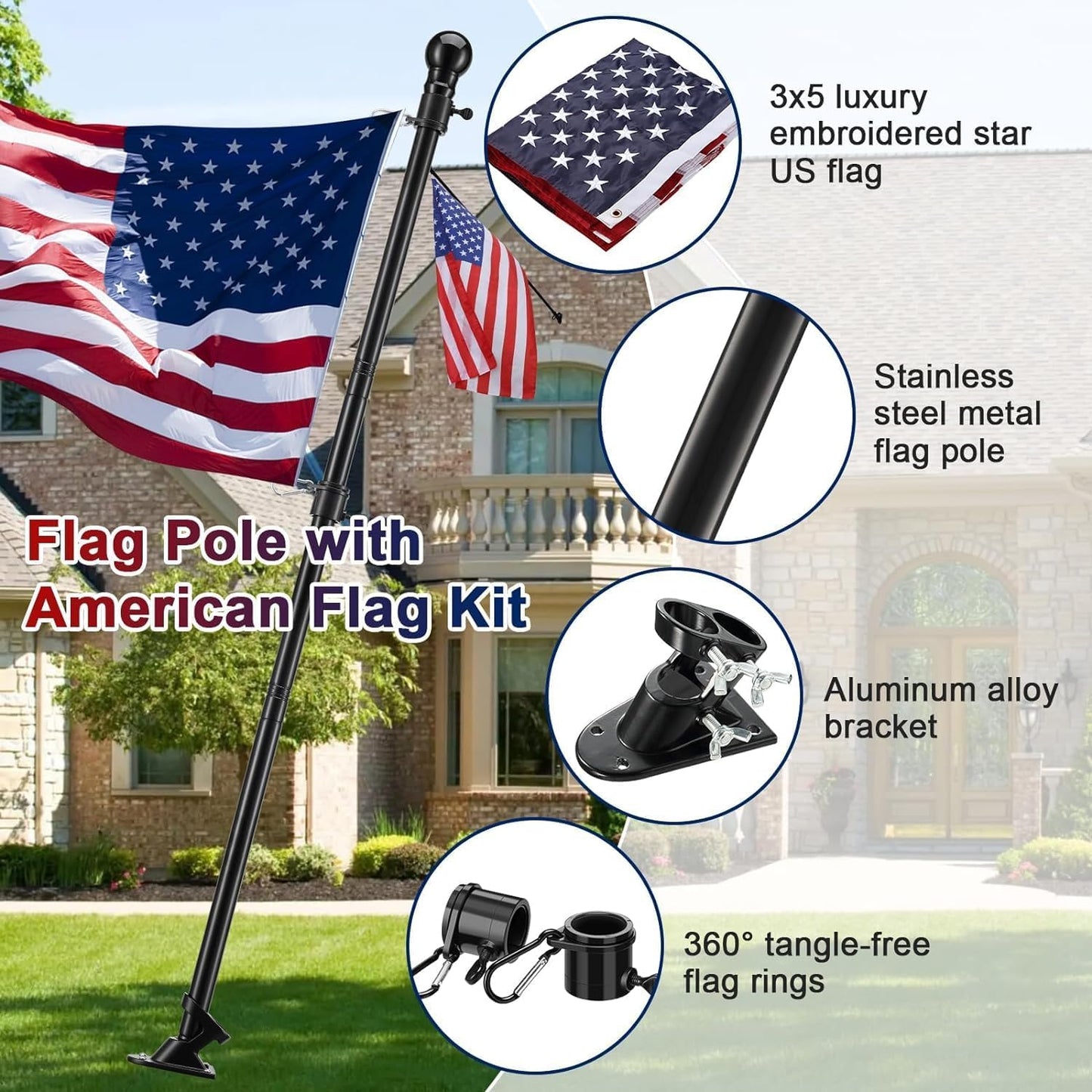 American Flag with Pole for Outside House - 5ft Wall Mount Flag Pole Kit with 3x5 Embroidered US Flag, Stainless Steel Flagpole, Tangle-Free Ball Bearing Rings, Aluminum Holder Bracket - Outdoor Solar Outlet