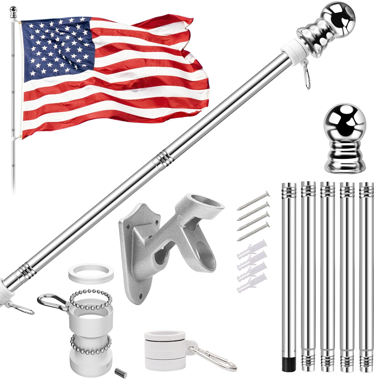 American Flag with Pole for Outside House - 5ft Wall Mount Flag Pole Kit with 3x5 Embroidered US Flag, Stainless Steel Flagpole, Tangle-Free Ball Bearing Rings, Aluminum Holder Bracket - Outdoor Solar Outlet