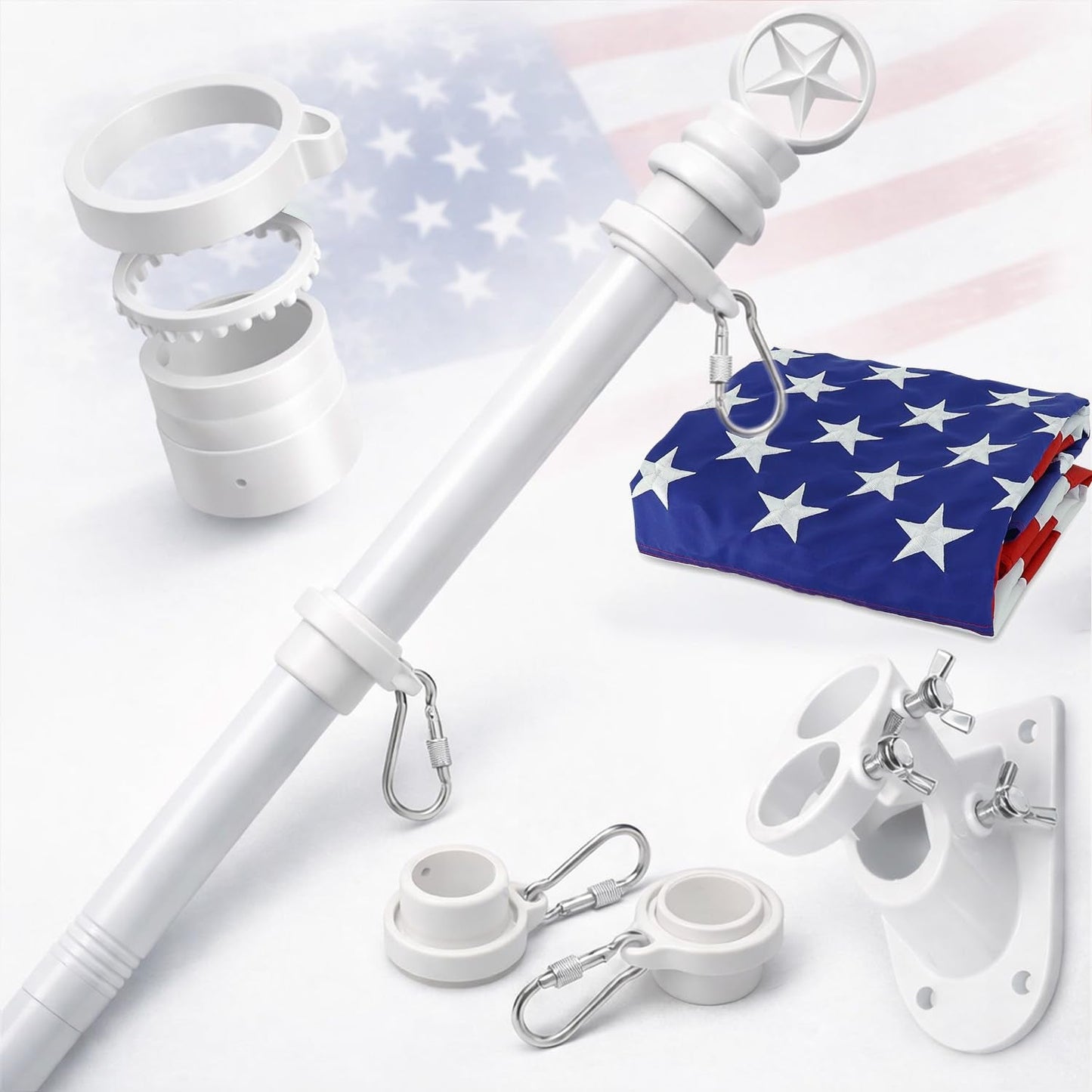 American Flag with Pole for Outside House - 5ft Wall Mount Flag Pole Kit with 3x5 Embroidered US Flag, Stainless Steel Flagpole, Tangle-Free Ball Bearing Rings, Aluminum Holder Bracket - Outdoor Solar Outlet