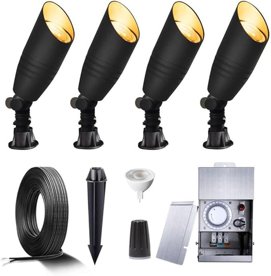 Brass Landscape Lighting Kit (4 Pack LED Spotlights) with 75W Low Voltage Transformer and Mechanical Timer and 100 Feet Cable and 20 Pack Wire Connectors - Outdoor Solar Outlet