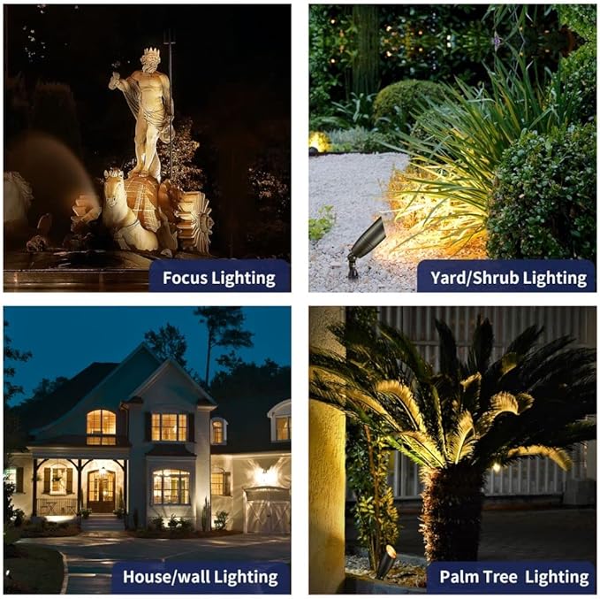 Brass Landscape Lighting Kit (4 Pack LED Spotlights) with 75W Low Voltage Transformer and Mechanical Timer and 100 Feet Cable and 20 Pack Wire Connectors - Outdoor Solar Outlet