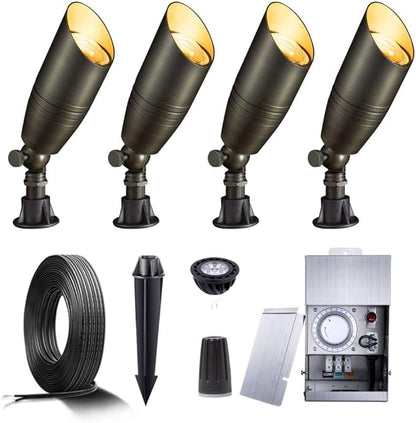 Brass Landscape Lighting Kit (4 Pack LED Spotlights) with 75W Low Voltage Transformer and Mechanical Timer and 100 Feet Cable and 20 Pack Wire Connectors - Outdoor Solar Outlet
