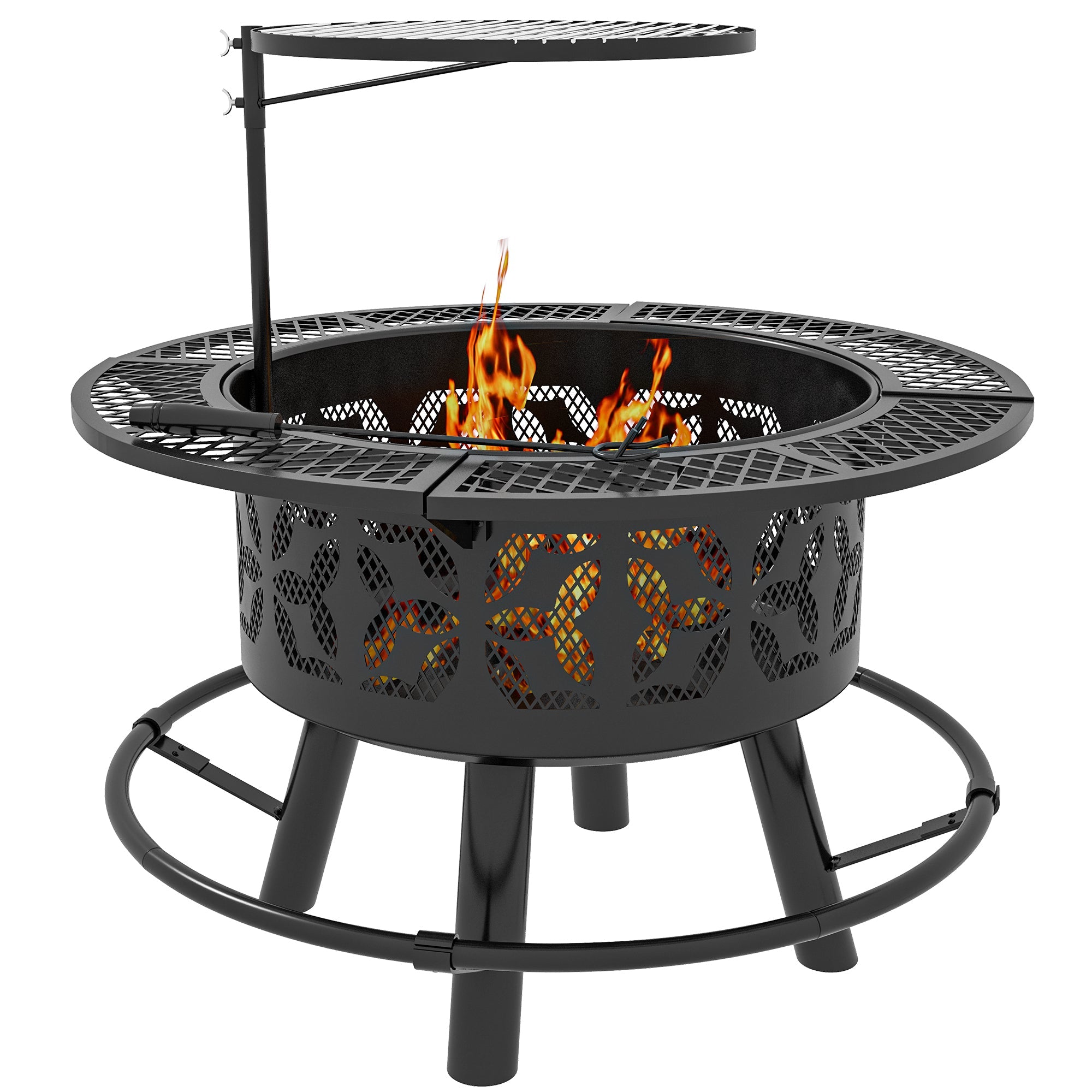 2-in-1 Black Portable Fire Pit for BBQ Grill, Camping Bonfire Stove, Backyard, Patio, Picnic