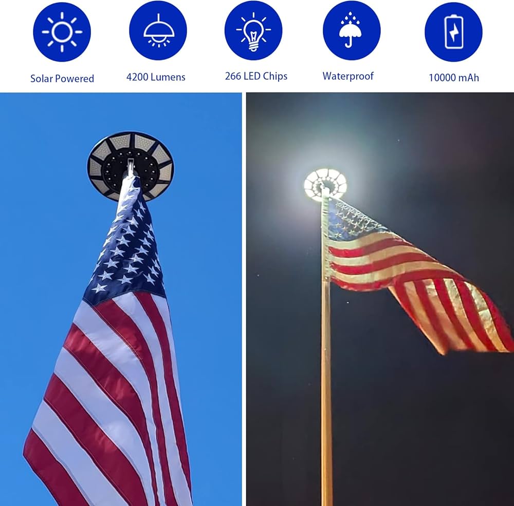 Commercial Solar Flag Pole Light Outdoor Dusk to Dawn, 266 led Light, 4200lm Super Bright - Outdoor Solar Outlet