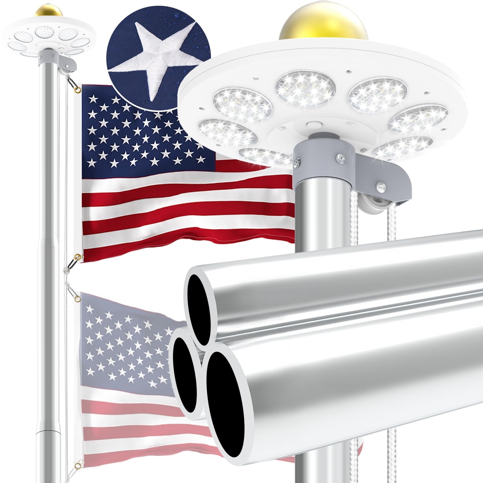 Commercial Upgraded 9 Gauge Heavy Duty Flag Pole Kit with 136 LED Ultra Bright Solar Light, 20FT 120 MPH Flagpole for Outside House in Ground, Bottom 3 mm Thick & 3 in Wide, 300D Thick Flag, Black - Outdoor Solar Outlet