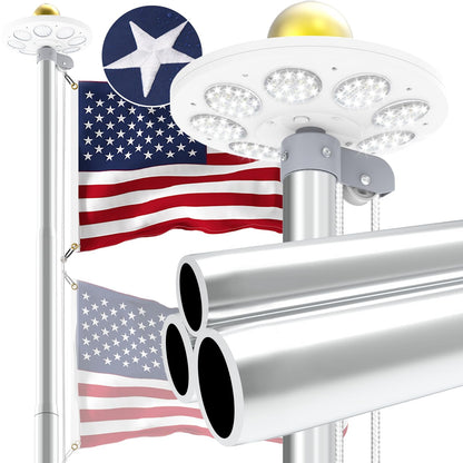 Commercial Upgraded 9 Gauge Heavy Duty Flag Pole Kit with 136 LED Ultra Bright Solar Light, 20FT 120 MPH Flagpole for Outside House in Ground, Bottom 3 mm Thick & 3 in Wide, 300D Thick Flag, Black - Outdoor Solar Outlet