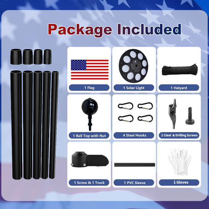 Commercial Upgraded 9 Gauge Heavy Duty Flag Pole Kit with 136 LED Ultra Bright Solar Light, 20FT 120 MPH Flagpole for Outside House in Ground, Bottom 3 mm Thick & 3 in Wide, 300D Thick Flag, Black - Outdoor Solar Outlet