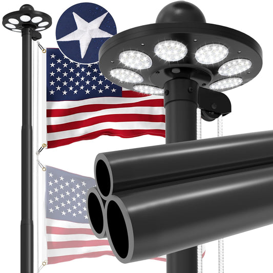 Commercial Upgraded 9 Gauge Heavy Duty Flag Pole Kit with 136 LED Ultra Bright Solar Light, 20FT 120 MPH Flagpole for Outside House in Ground, Bottom 3 mm Thick & 3 in Wide, 300D Thick Flag, Black - Outdoor Solar Outlet