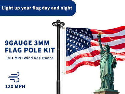 Commercial Upgraded 9 Gauge Heavy Duty Flag Pole Kit with 136 LED Ultra Bright Solar Light, 20FT 120 MPH Flagpole for Outside House in Ground, Bottom 3 mm Thick & 3 in Wide, 300D Thick Flag, Black - Outdoor Solar Outlet