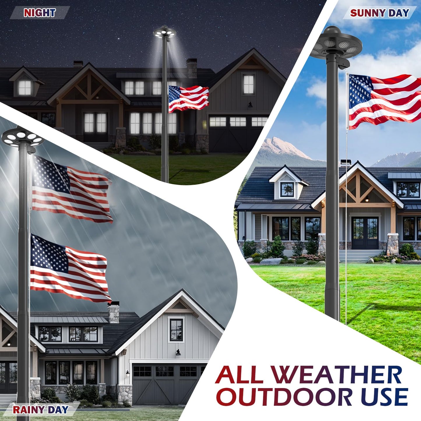 Commercial Upgraded 9 Gauge Heavy Duty Flag Pole Kit with 136 LED Ultra Bright Solar Light, 20FT 120 MPH Flagpole for Outside House in Ground, Bottom 3 mm Thick & 3 in Wide, 300D Thick Flag, Black - Outdoor Solar Outlet