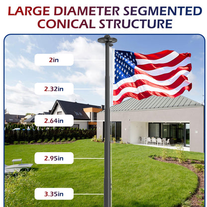 Commercial Upgraded 9 Gauge Heavy Duty Flag Pole Kit with 136 LED Ultra Bright Solar Light, 20FT 120 MPH Flagpole for Outside House in Ground, Bottom 3 mm Thick & 3 in Wide, 300D Thick Flag, Black - Outdoor Solar Outlet
