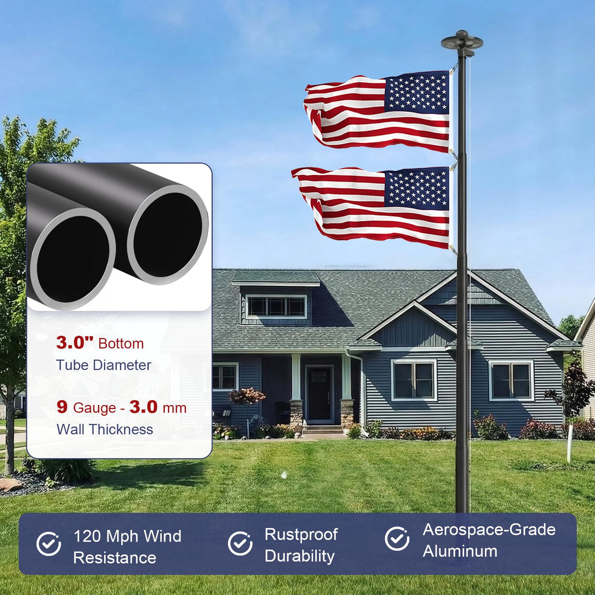 Commercial Upgraded 9 Gauge Heavy Duty Flag Pole Kit with 136 LED Ultra Bright Solar Light, 20FT 120 MPH Flagpole for Outside House in Ground, Bottom 3 mm Thick & 3 in Wide, 300D Thick Flag, Black - Outdoor Solar Outlet