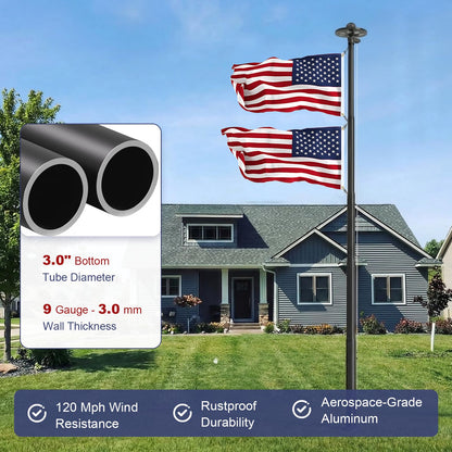 Commercial Upgraded 9 Gauge Heavy Duty Flag Pole Kit with 136 LED Ultra Bright Solar Light, 20FT 120 MPH Flagpole for Outside House in Ground, Bottom 3 mm Thick & 3 in Wide, 300D Thick Flag, Black - Outdoor Solar Outlet