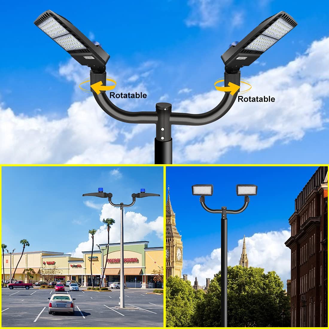 Double Bullhorn Bracket LED Parking Lot Light 180 Degree Aluminum Mounting Bracket Round Pole Double L Bracket Tenons - Outdoor Solar Outlet