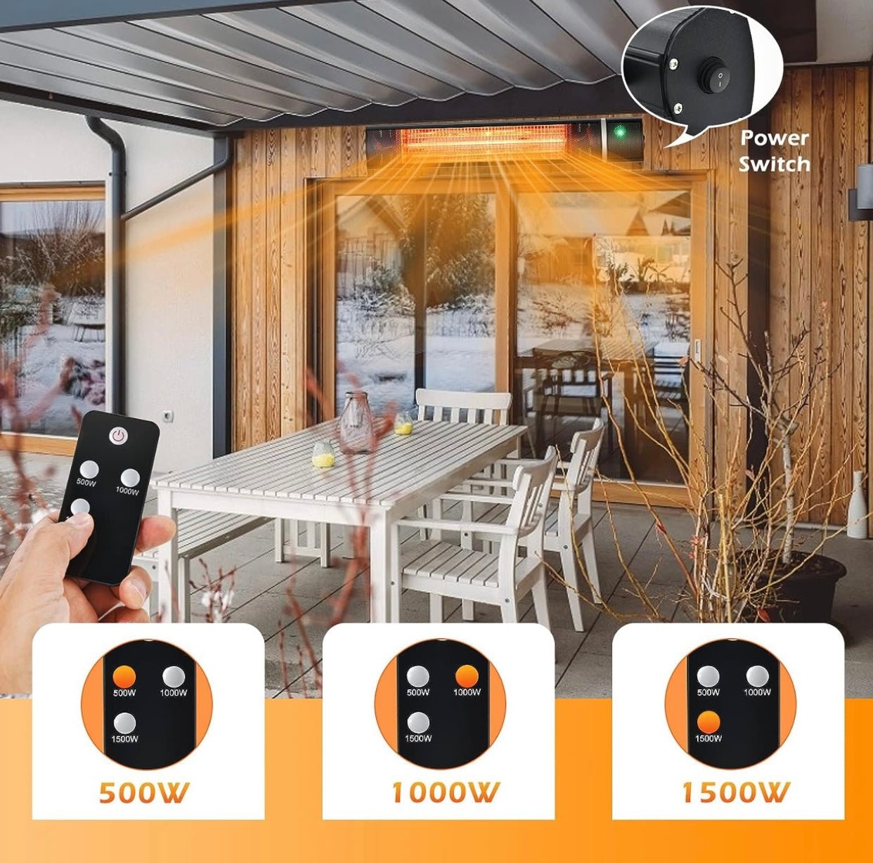 Electric Patio Heater, 1500W Outdoor Heater with 3 Power Settings, Infrared Heater with Remote Control, Overheat Protection, Wall Mounted Space Heater, In/Outdoor - Outdoor Solar Outlet