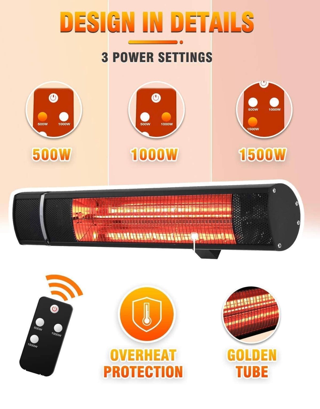 Electric Patio Heater, 1500W Outdoor Heater with 3 Power Settings, Infrared Heater with Remote Control, Overheat Protection, Wall Mounted Space Heater, In/Outdoor - Outdoor Solar Outlet