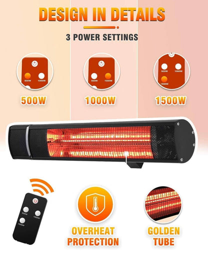 Electric Patio Heater, 1500W Outdoor Heater with 3 Power Settings, Infrared Heater with Remote Control, Overheat Protection, Wall Mounted Space Heater, In/Outdoor - Outdoor Solar Outlet