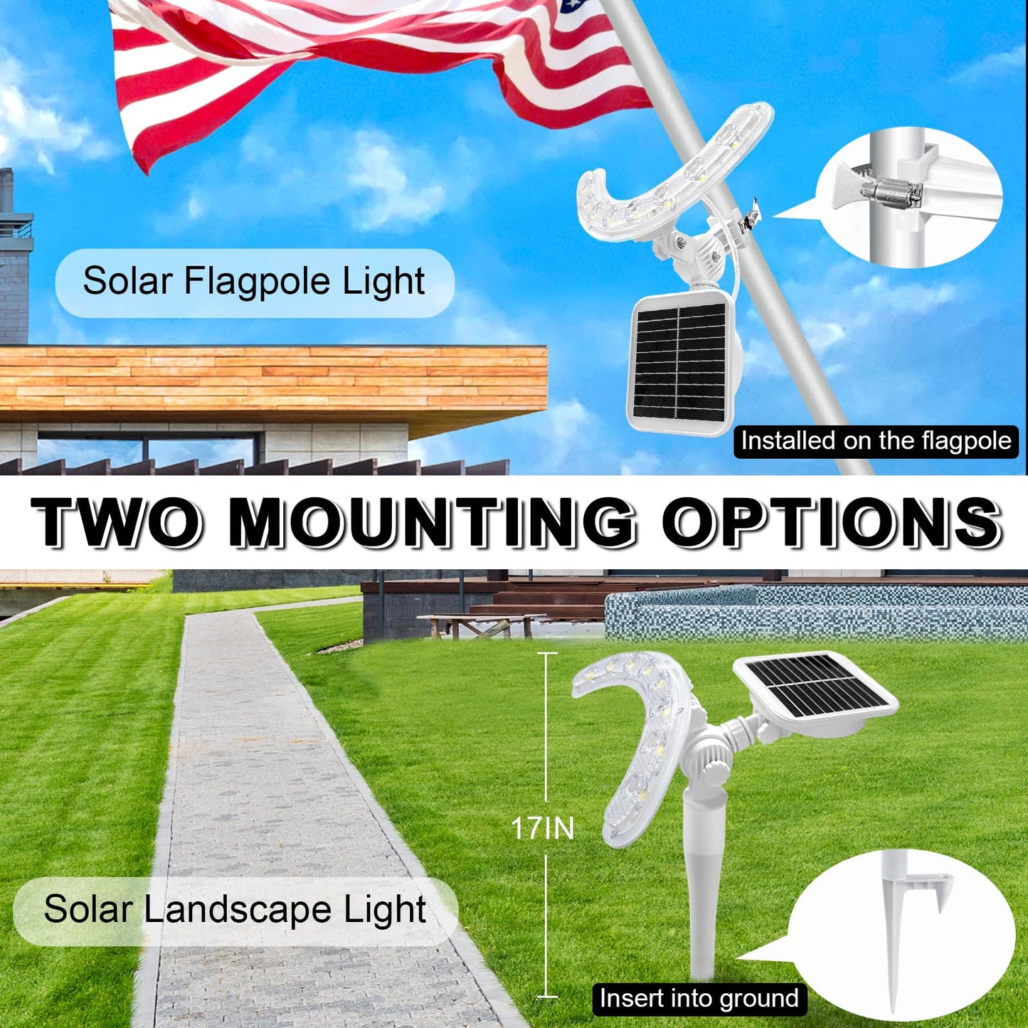 Flag Pole Light Outdoor Solar Flagpole Light House Mount with Adjustable 180° Direction, 360lm Brightness, IP65 Waterproof for 1''-1.5" Poles - Outdoor Solar Outlet